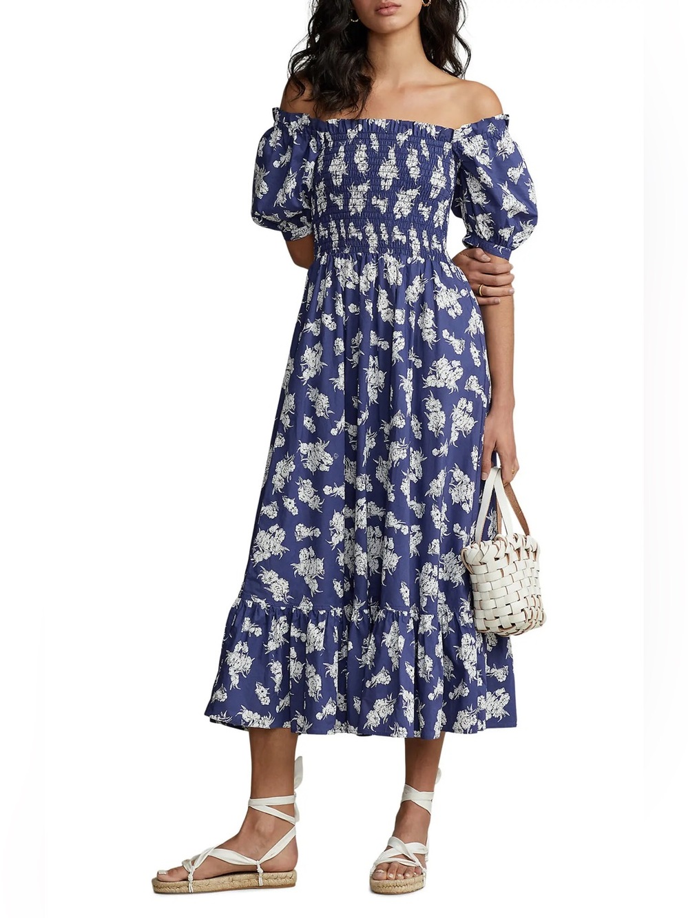Polo Ralph Lauren Blue Smocked Floral Print Dress Size S 57310